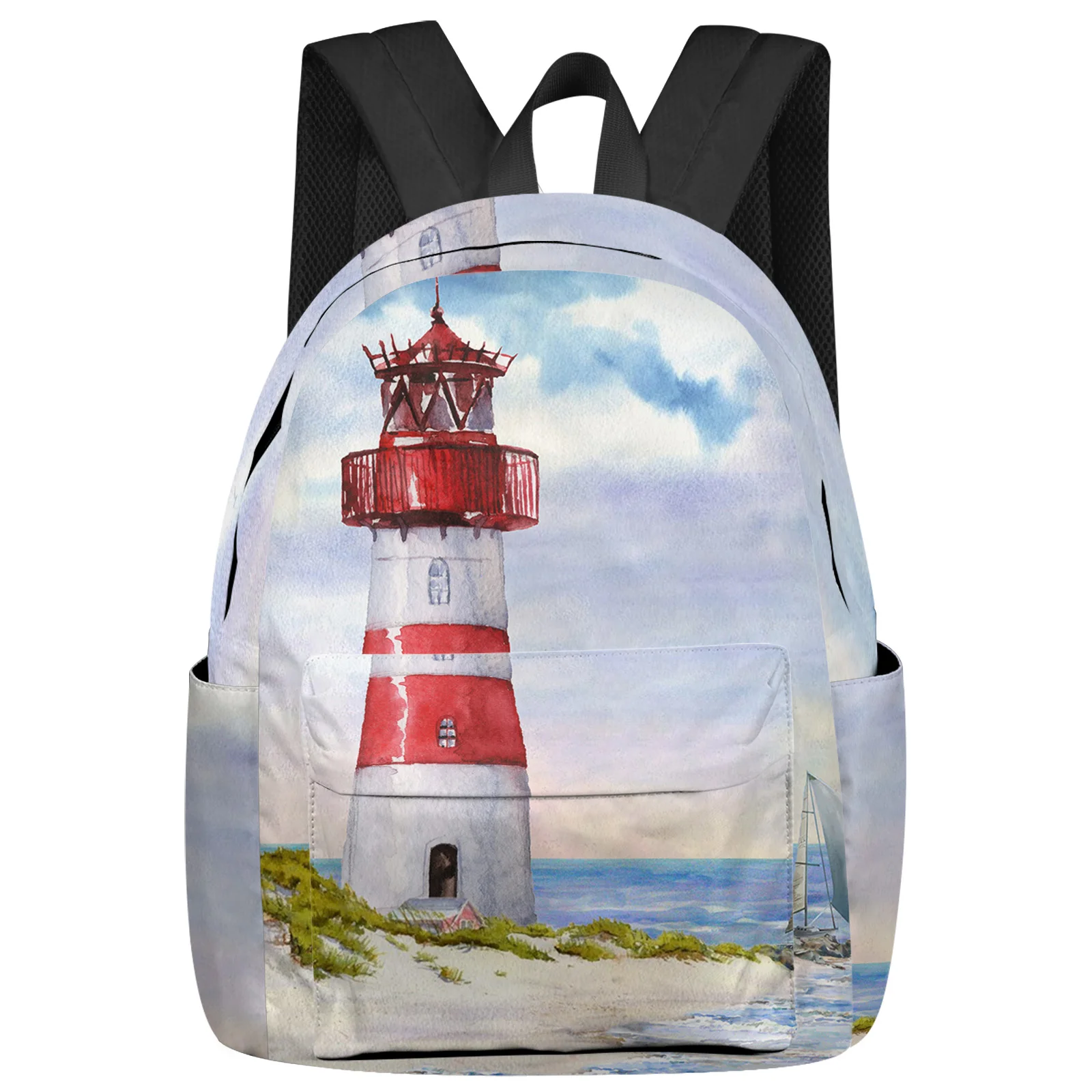 Lighthouse Island Vintage Watercolor Backpack School Bags for Teenagers Girls Students Laptop Bag Women's Casual Travel Backpack