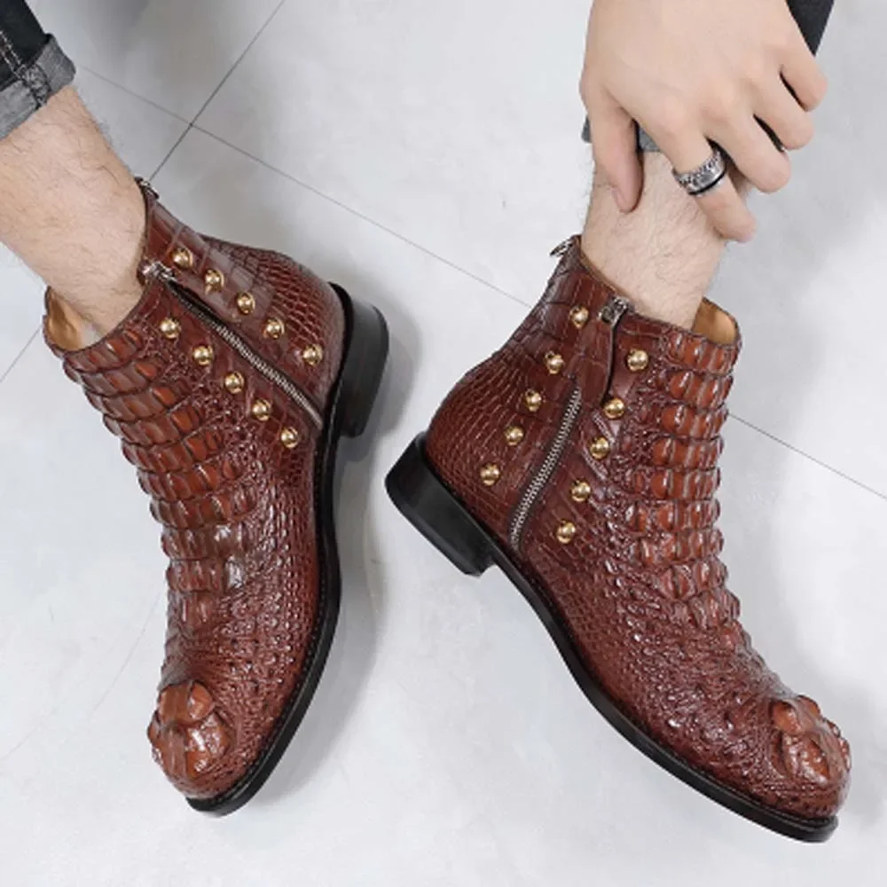 Hulangzhishi novos sapatos de couro de crocodilo homens botas de crocodilo botas masculinas curto negócios lazer