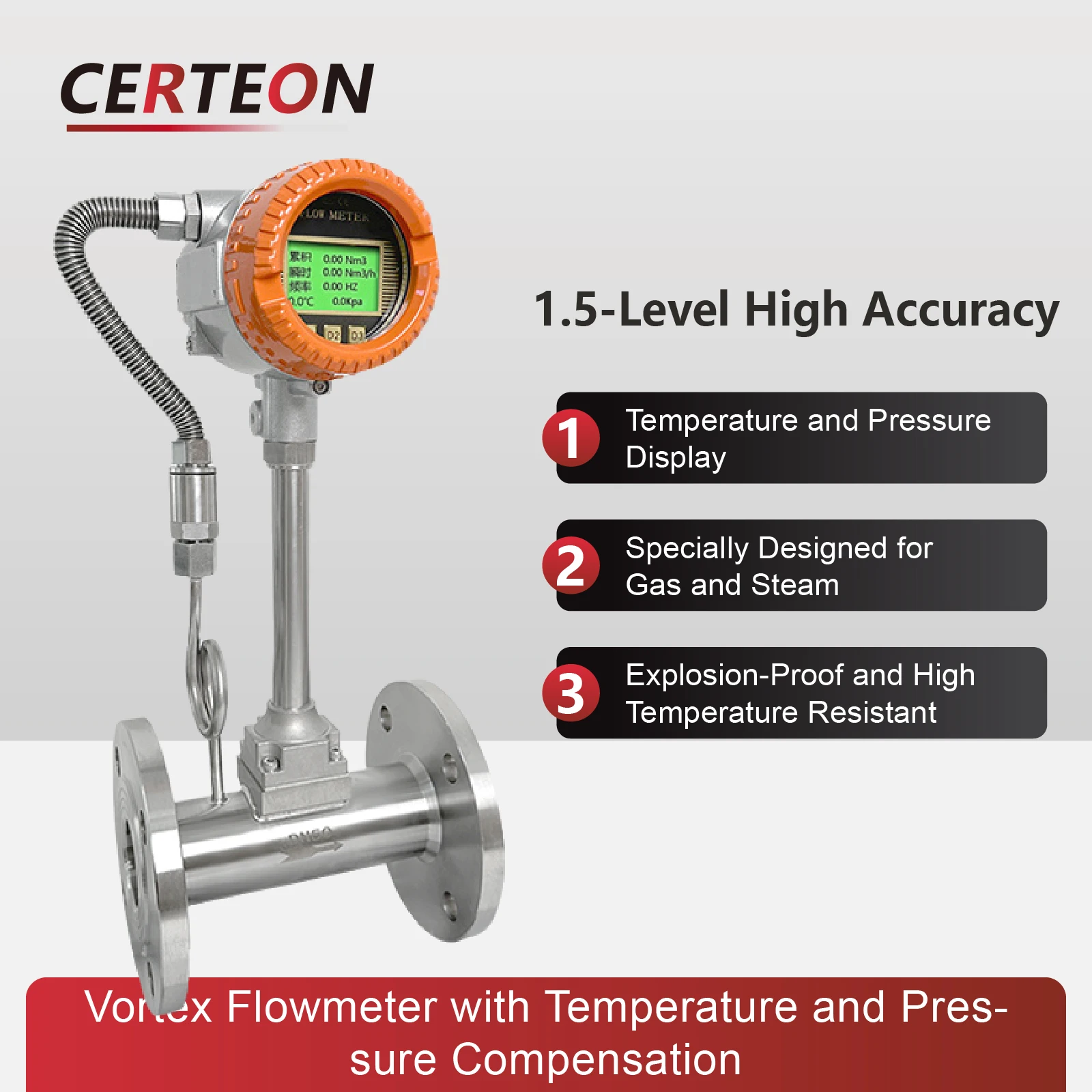 High-Temp Vortex Flow Meter 304SS Flange 4-20mA RS485 Modbus Temp & Pressure Compensated for Steam Air Gas