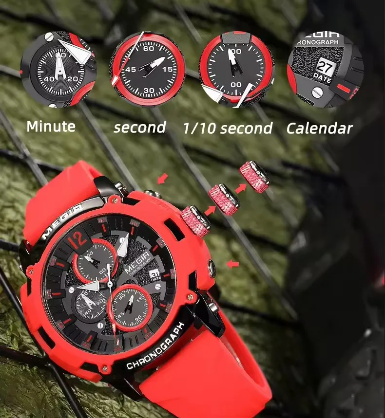 MEGIR 2208 Sport Factory Watches for Men Big Dieal Silicone Strap 3D Scale Waterproof Luminous Chronograph Quartz Wristwatch