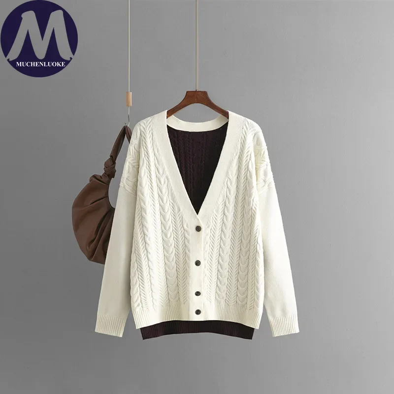 

Cardigan for Women Autumn Winter Splicing Colors Long Sleeves V Neck Sweaters Fashionable Casual Loose Thickened Warmth Cardigan