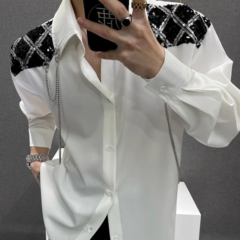 2025 Spliced   sequin Design Handsome Loose Shirt Men's Trendy Brand Chain Shirt