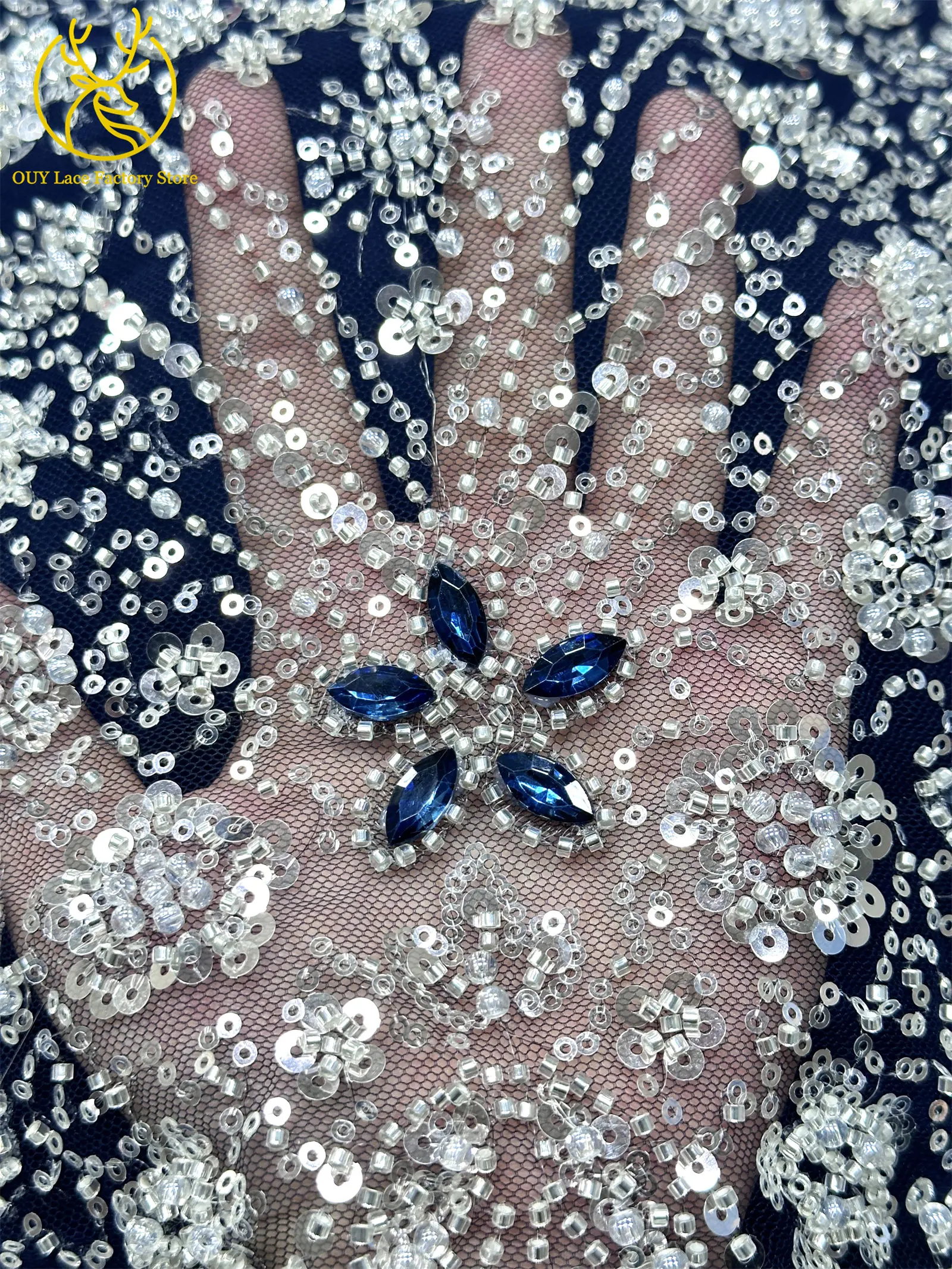 2026 Luxuriöser französischer Mesh-Spitzenstoff mit Perlen und Steinen, marineblau, afrikanischer nigerianischer Edelstein-Pailletten-Spitzenstoff zum Nähen von Hochzeitskleidern – Detail 6