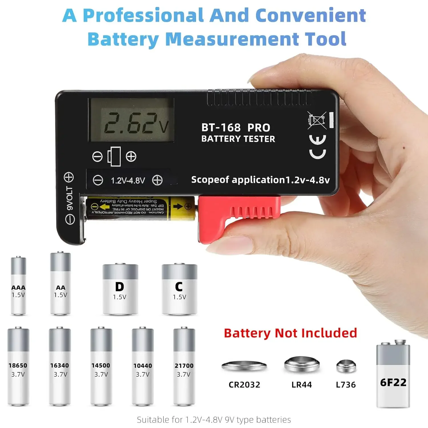 

Bt-168Pro Battery Tester Checker, Digital Display Battery Tester Checker for 9V 1.5V, AA AAA C D Button Cell Batteries Checker V