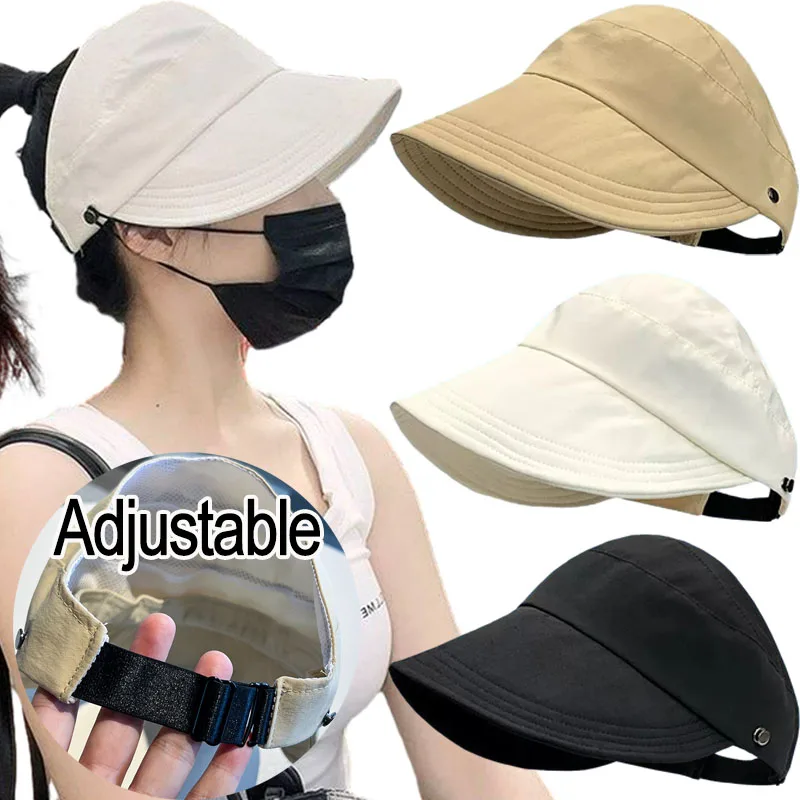 Foldable Wide Brim Ponytail Sun Hat Drawstring Adjustable Cap For Women Beach Hat Summer Quick-dry Visor Fisherman Cap