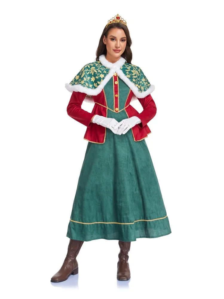 Neues Weihnachtsmann-Neujahrsparty-Kostüm für Damen, Rot-Grünes Kleid mit Umhang, Karnevalskostüm für Bühnenauftritte – Detail 2