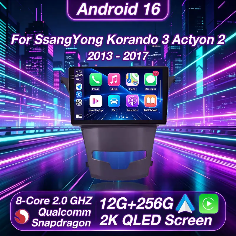 Android 16 For SsangYong Korando 3 Actyon 2 2013 - 2017 2K QLED Stereo Car Radio Multimedia Video Player GPS 4G CarPlay 360 DSP