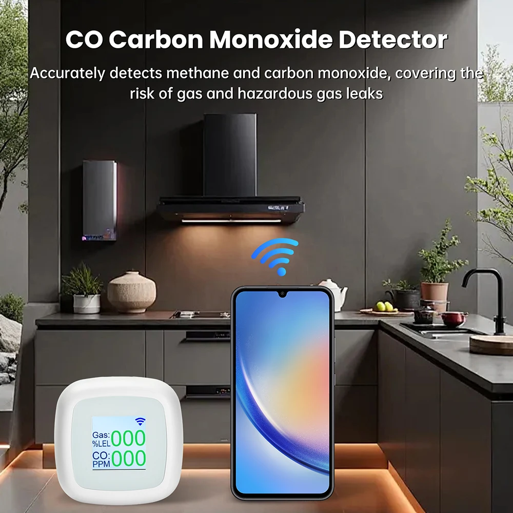 واي فاي كاشف الغاز القابل للاحتراق CO إنذار الغاز مستشعر كشف الغاز الرقمي اختبار تسرب الغاز إنذار الصوت كاشف جودة الهواء الذكي