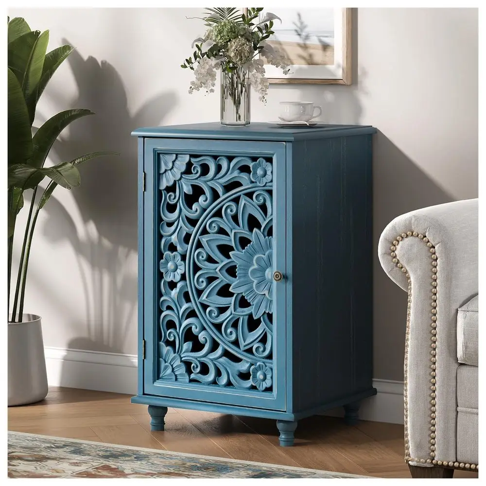 Accent Cabinet with Carved Mandala Door, Blue Storage Cabinet with Solid Wood Legs amp Adjustable Shelf, Boho Distressed End Ta