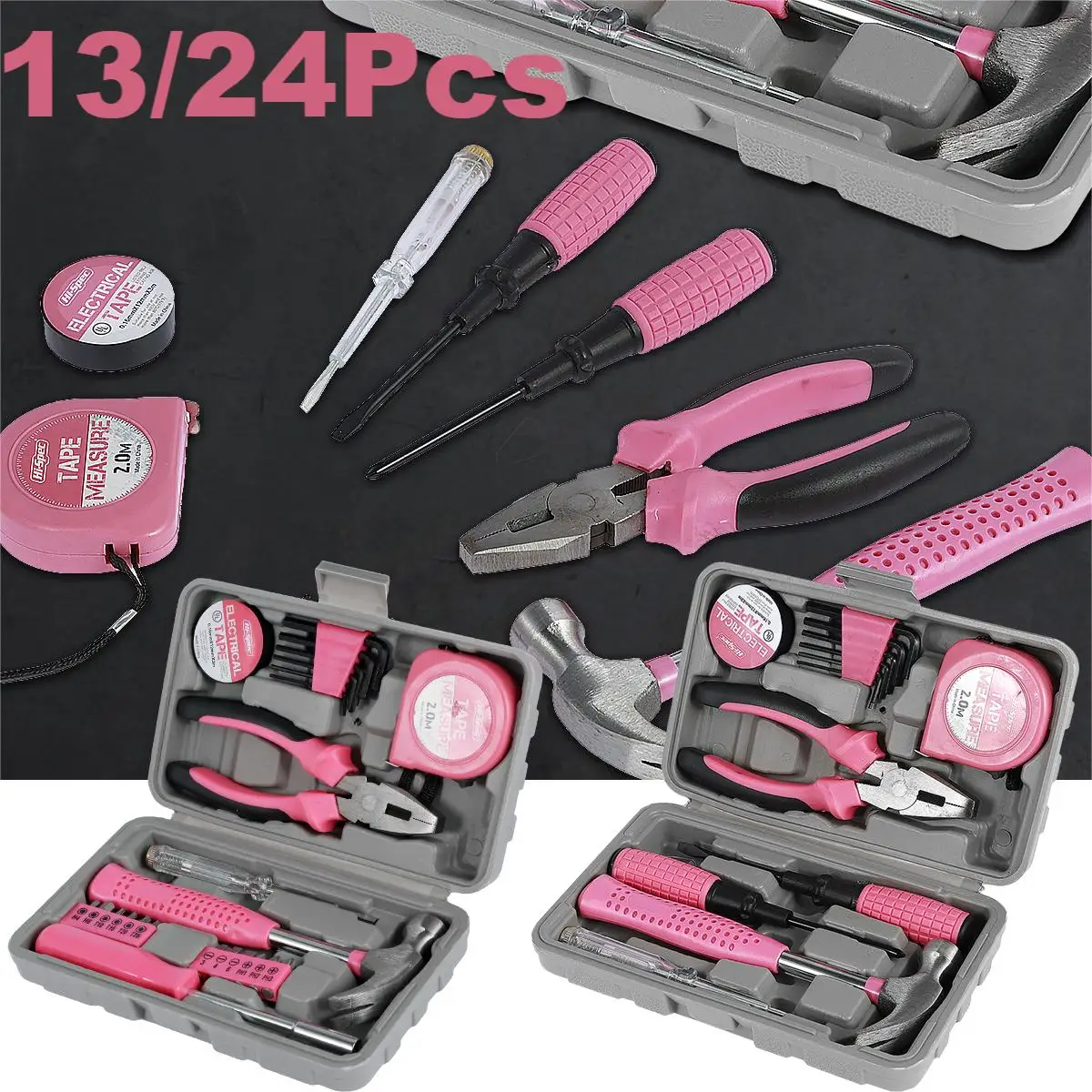 13/24Pcs Household Repair Tool Kit Multi-Purpose Pink Hand Tool Set with Storage Case Durable Hammer and Allen Key Set