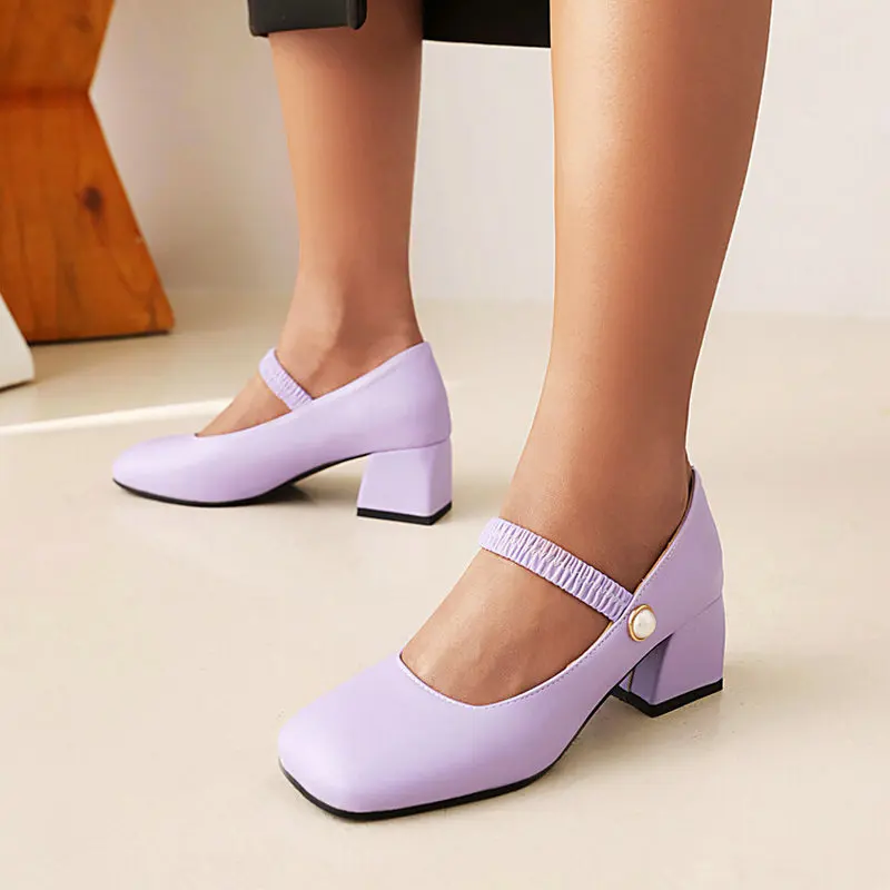 2022 Spring New Ladies Shoes Purple Green Pearls Elastic Strap Square Chunky Heels Pumps Plus Size 47 48 Mary Janes Heels Women