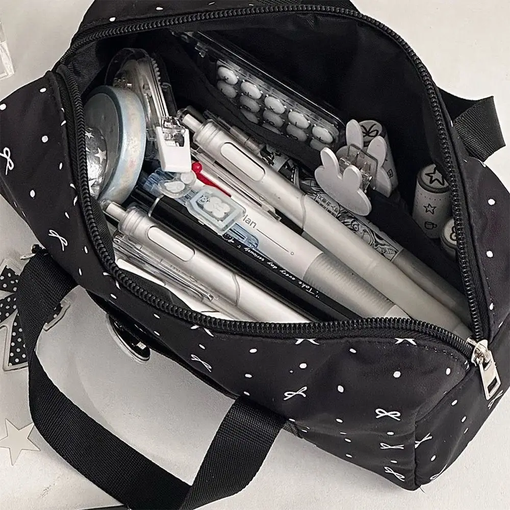 Portable Black Polka Dot Pencil Case Bow Pattern Multi-functional Stationery Bag Large-capacity Pen Bag Back To School Gift