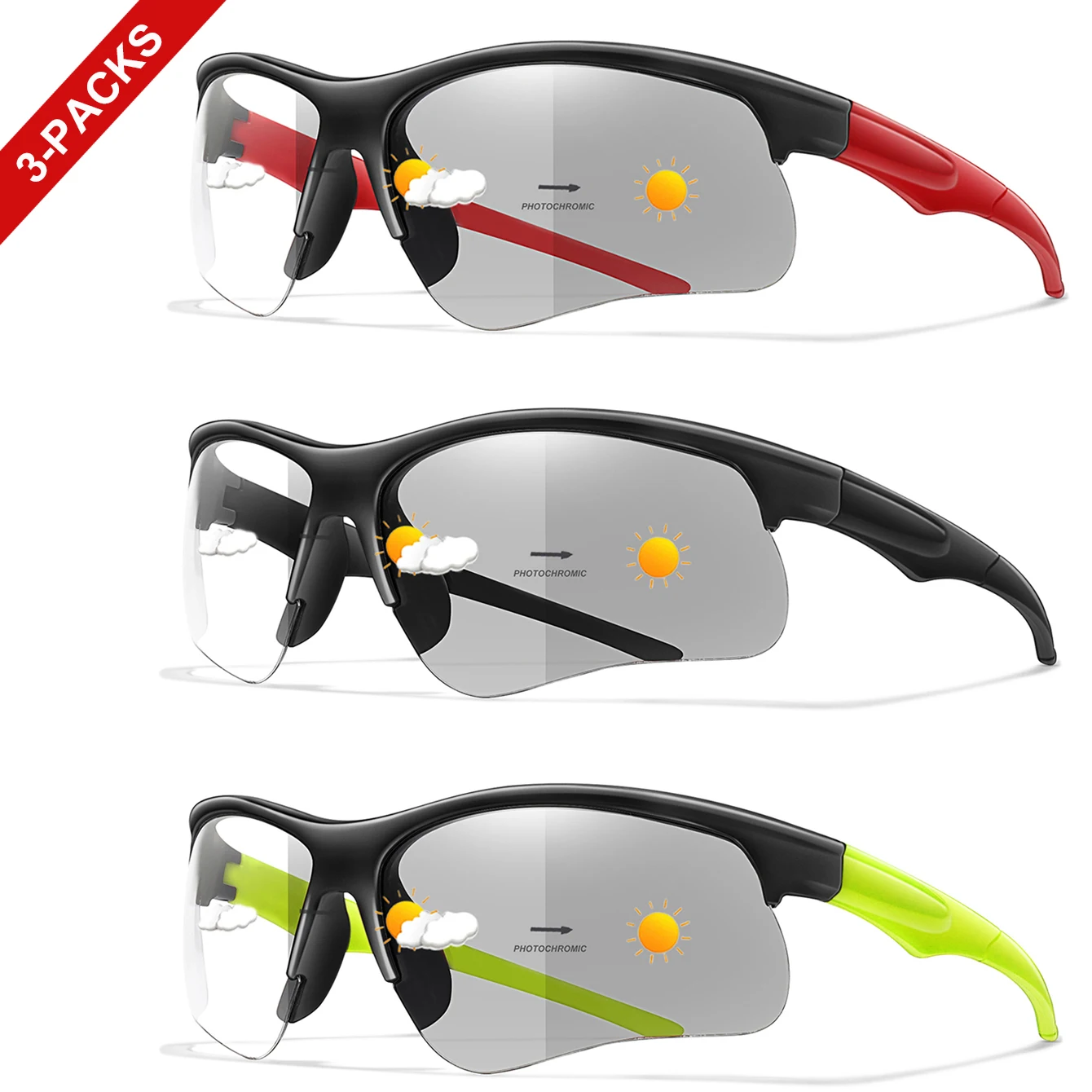 3 Paar photochrome Fahrrad-Sonnenbrillen für Herren und Damen, Outdoor-Sport, Halbrahmen-Brillen, Laufen, Wandern, Fahren