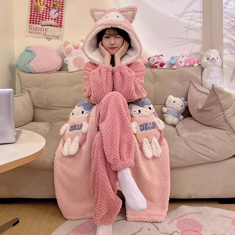 Kawaii Sanrios Hellokittys Kuromi Mymelody Cinnamoroll Plush Pajamas Cartoon Winter Thickening Girl Birthday Gift For Girlfriend