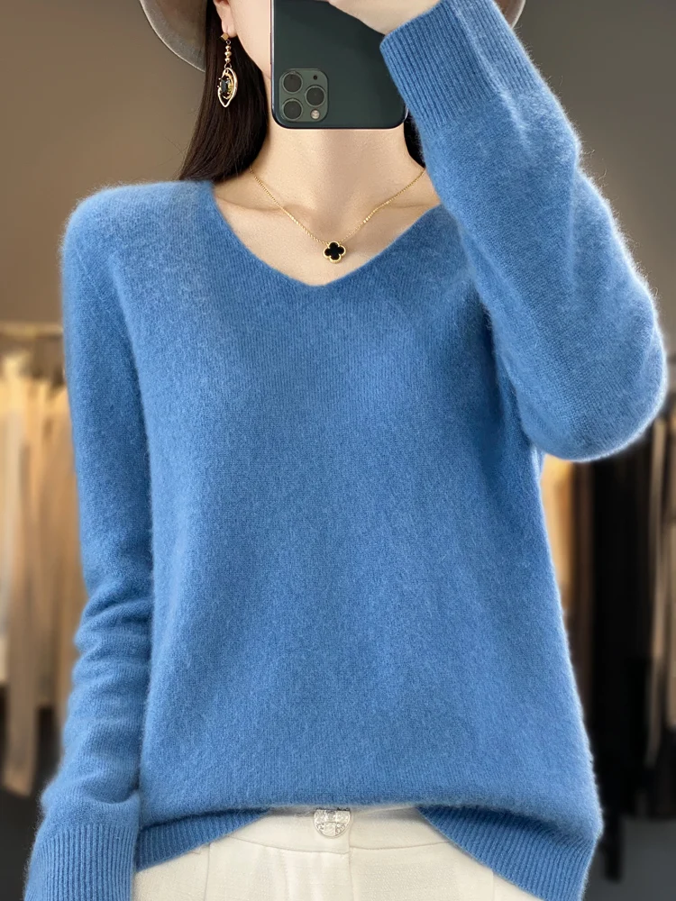 Fashion Women Cashmere Sweater 100% Merin Wool Pullover V-neck Casual Knitwear Long Sleeve Autumn Winter Basic Clothing Tops