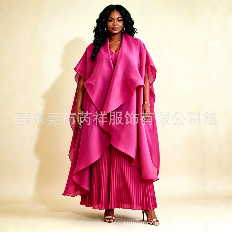 Miyake Pleated European and American African Original New Sun Pleat + Short Sleeve Top + Organza Shawl Three-Piece Pants Set