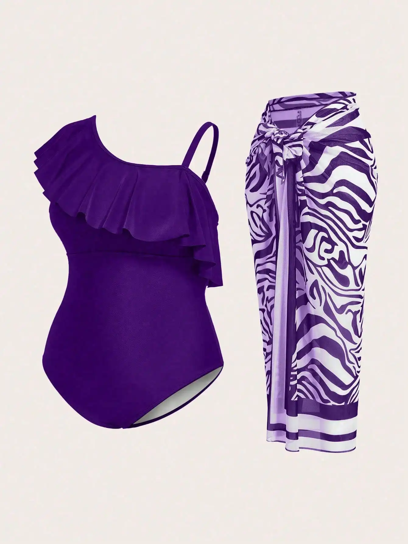 

Фиолетовый слитный купальник больших размеров с асимметричной оборкой и прозрачной юбкой-накидкой с зебровым принтом для пляжного отдыха