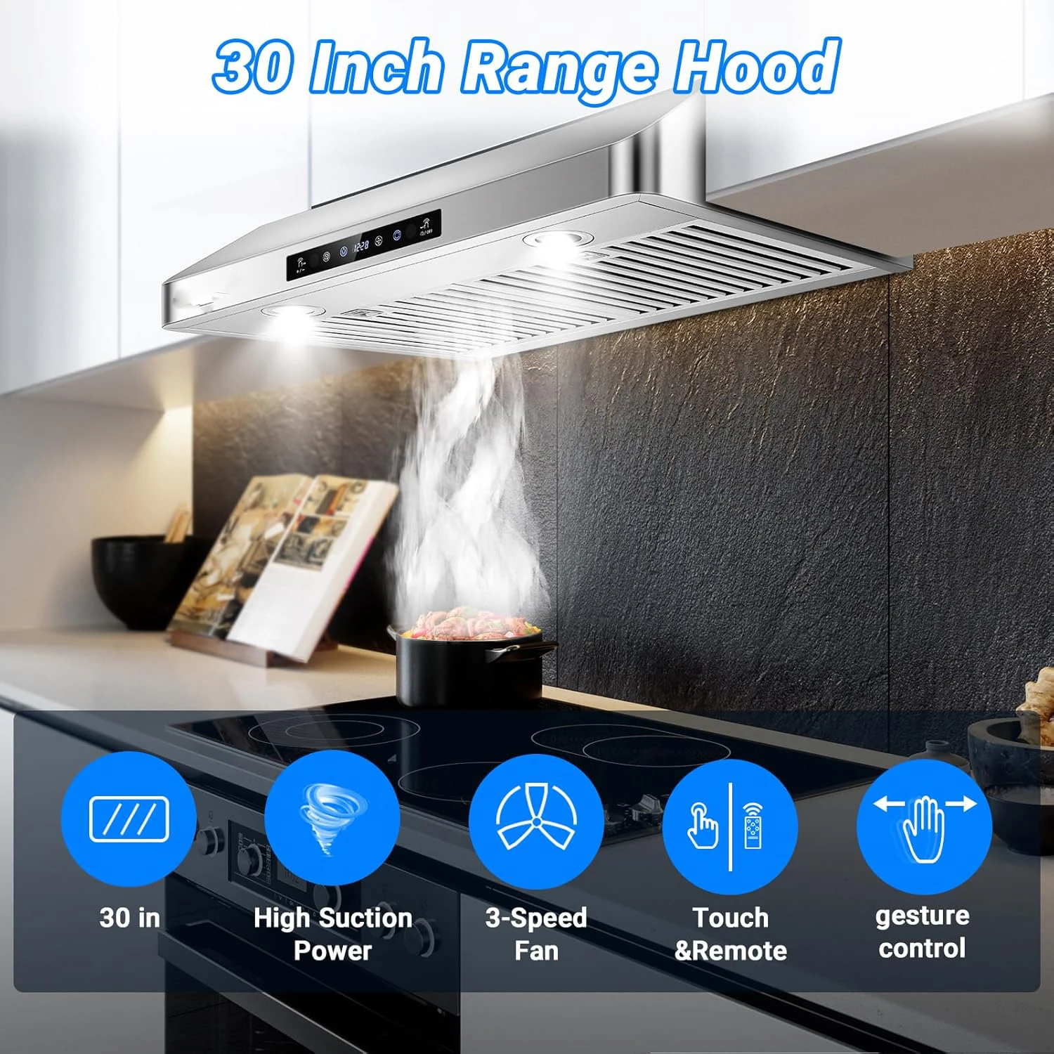 Under Cabinet Range Hood 30 Inch, 700CFM Stainless Steel Kitchen Stove Vent Hood 3 Speed Exhaust Fan Touch/Remote Control LED