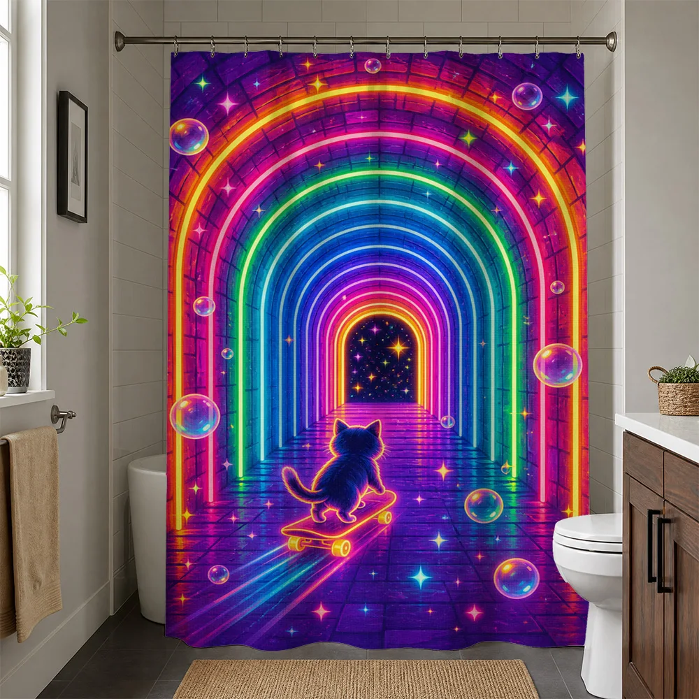 Waterproof Neon Rainbow Shower Curtain for Bathroom Unique Decorative Cat Skateboard Glow Purple Aesthetic Home Decor