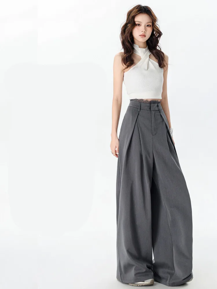 Office Lady Grey Lace Patchwork Pleated Suit Pants For Women's Spring And Summer New Style High Waist Loose Wide Leg Pants