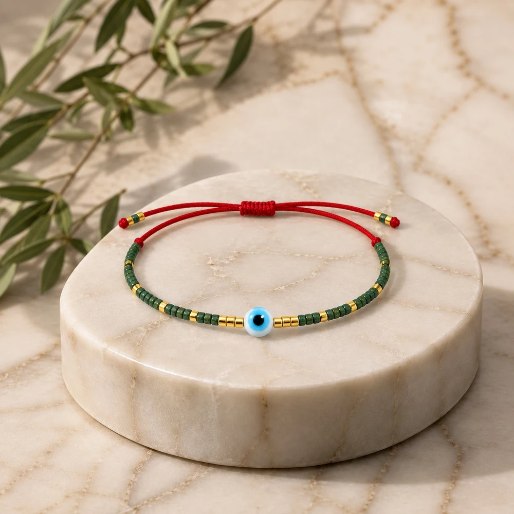 1pc Adjustable Red Cord Beaded Bracelet with Blue Evil Eye Center Dark Green Beads and Golden Accents Ethnic Style Unisex