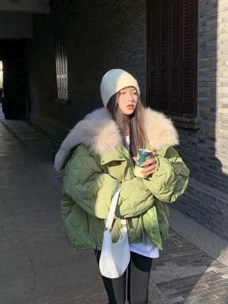 Women Big Fur Collar Down Snow Jacket Winter Pocket Coat Warm Parkas Snow Outwear Oversized Long Winter Jacket