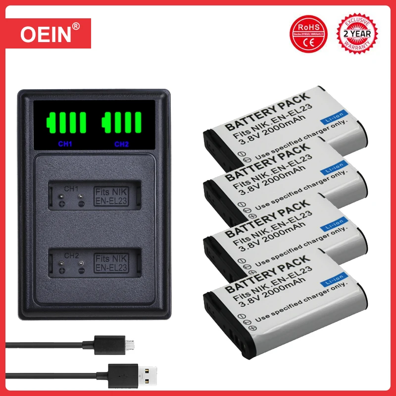 

4Pcs EN-EL23 EN EL23 3.8V 2000mAh Rechargeable Li-ion Batteries For Nikon COOLPIX S810c P900 P900s P610 P600 B700 Camera Battery