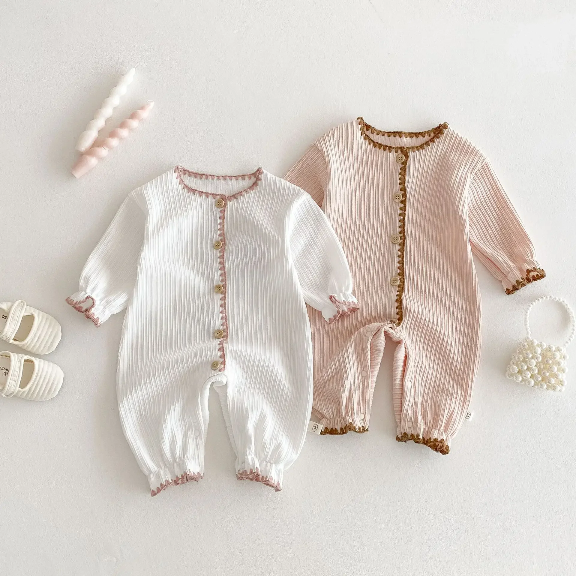 2025 New Spring Korean Style Baby Bodysuit - Cute Color-Blocked Crawling Romper for Newborns, Solid Ribbed Knit Design