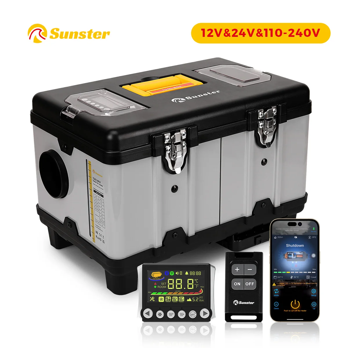 

8 кВт 12 В, 24 В и 110-240 В, ящик для инструментов, дизельный воздухонагреватель, ховерт с режимом высоты, парковочный нагреватель, управление через приложение для автомобилей, автофургонов