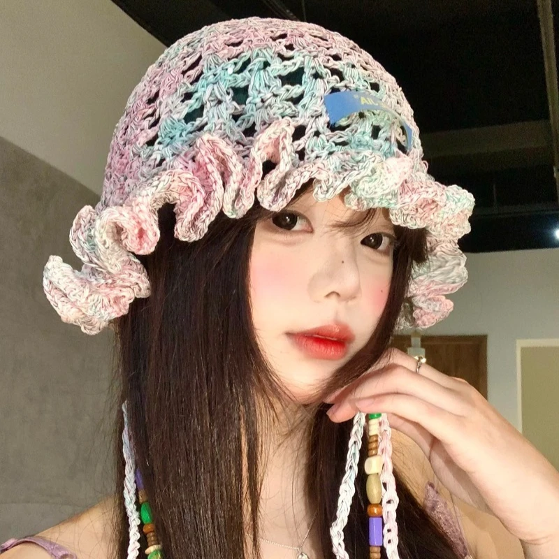 New Niche Hand-crocheted Colored Tassel Openwork Knitted Hat Women's Spring and Summer Vacation Fashion Pullover Cold Caps