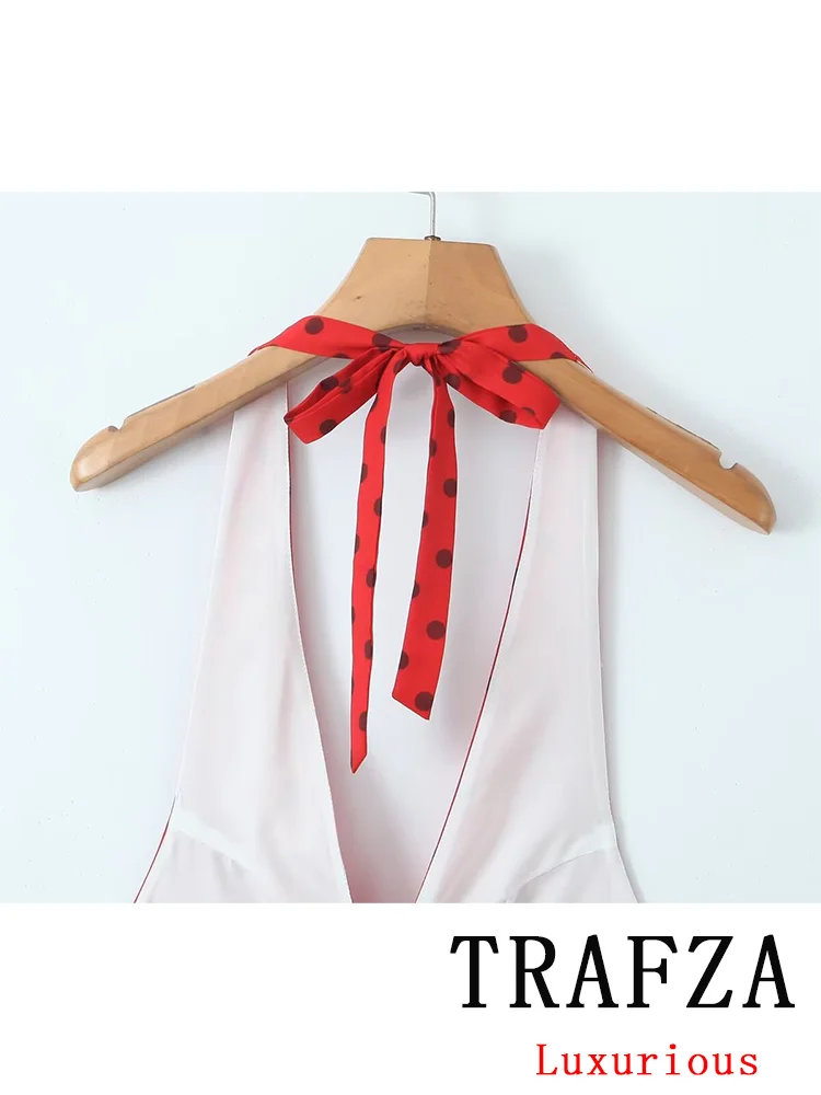 TRAFZA Vintage Chic Casual Women Dress Dot V-Neck Sleeveless Folds Slim Short Vestidos Fashion 2024 Spring Summer Dress