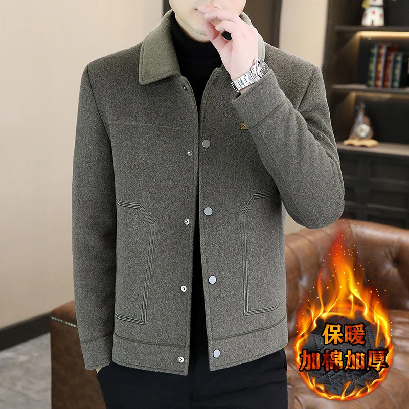 

2023 Winter Men's Woolen Jacket Solid Color Plush and Warm Wool Blends Trench Coat Casual Business Social Overcoat Men Clothing