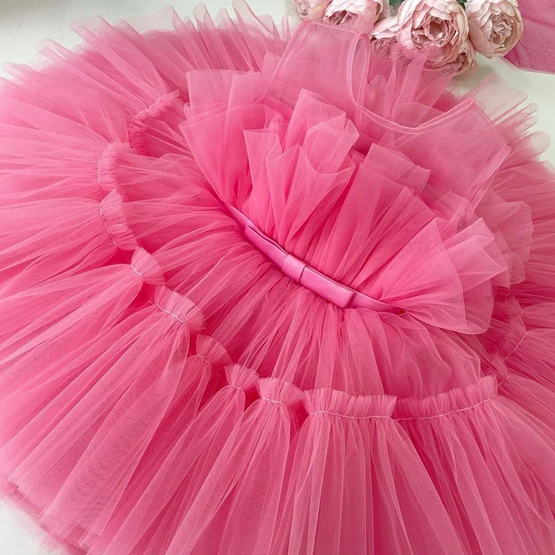 Baby Girl Fluffy Dress for Wedding 1st Birthday Princess Dress Sleeveless Bow Tulle Gown 1-5Y Toddler Kid Ceremony Party Costume