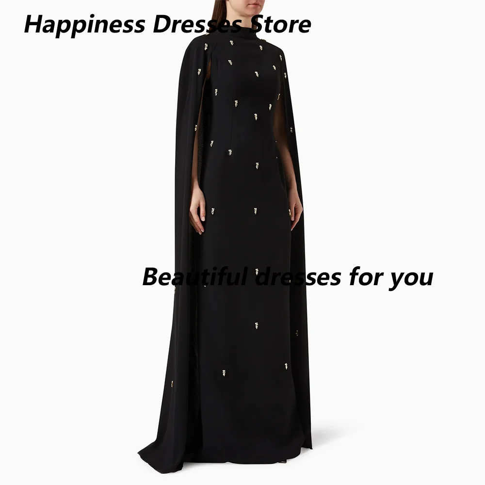 

Elegant Crystal Black Evening Dress with Cape Long Sleeves High Neck A Line Jersey Floor Length Prom Gown Formal Party Dresses