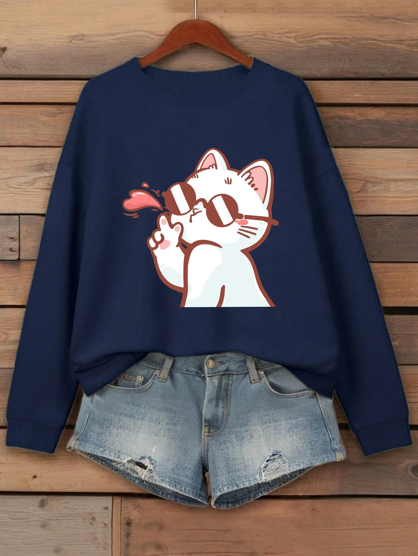 سيدة القط مع النظارات الشمسية تحلق قبلة طباعة المرأة البلوز س الرقبة البلوز ملابس الصوف غير رسمية الخريف كل مباراة الشارع الشهير #3