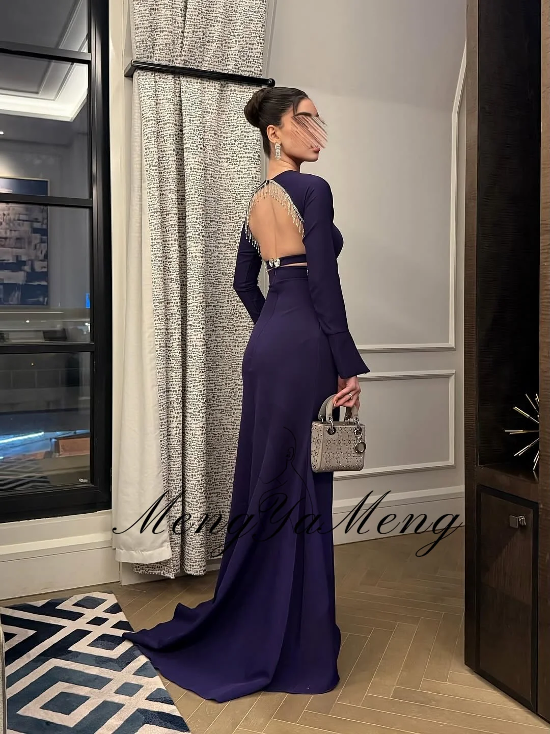 ZHUISHU 보라색 긴 소매 댄스 파티 드레스 오-넥 백리스 파티 가운 맞춤형 코트 트레인 바닥 길이 공식 이벤트 드레스