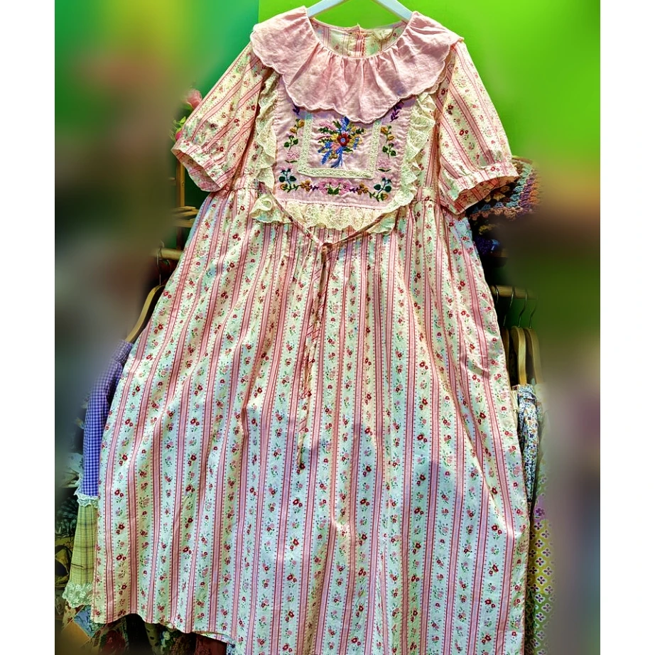 

Cotton Linen Floral Embroidery Lace Patchwork Tunic Long Dress Women Korean Vintage Sweet Lolita Cottagecore Rococo Midi Dress