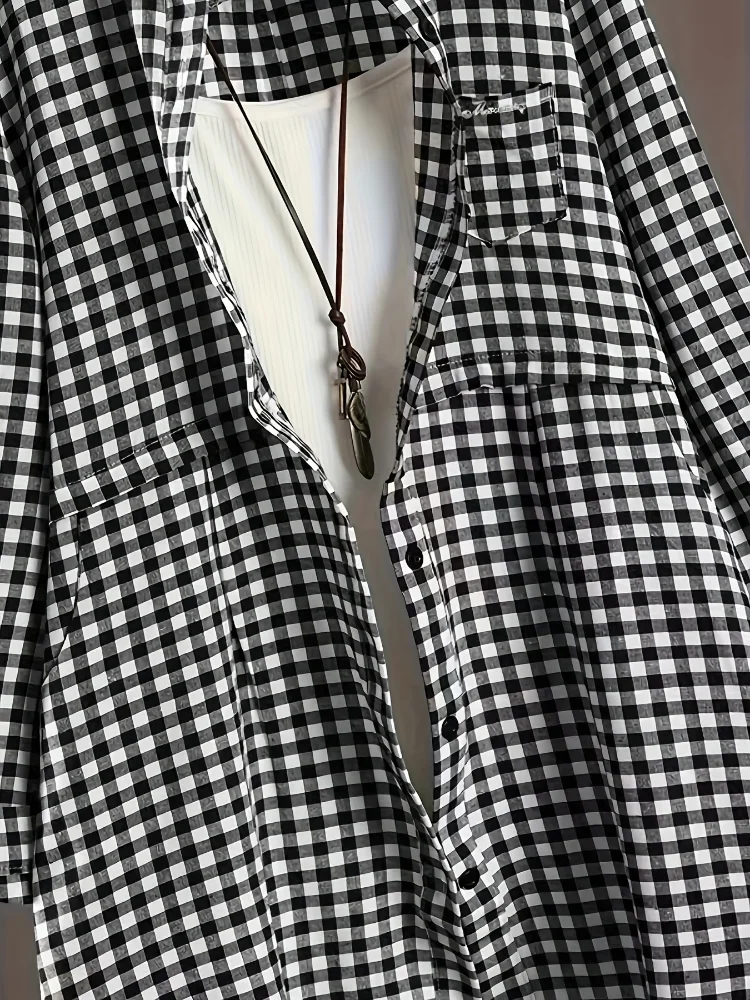 Customization Plus Size New Korean Fashion Blouses Plaid Button Solid Midi Autumn Shirt Female All-match Loose Long Sleeve Polo- - view 5