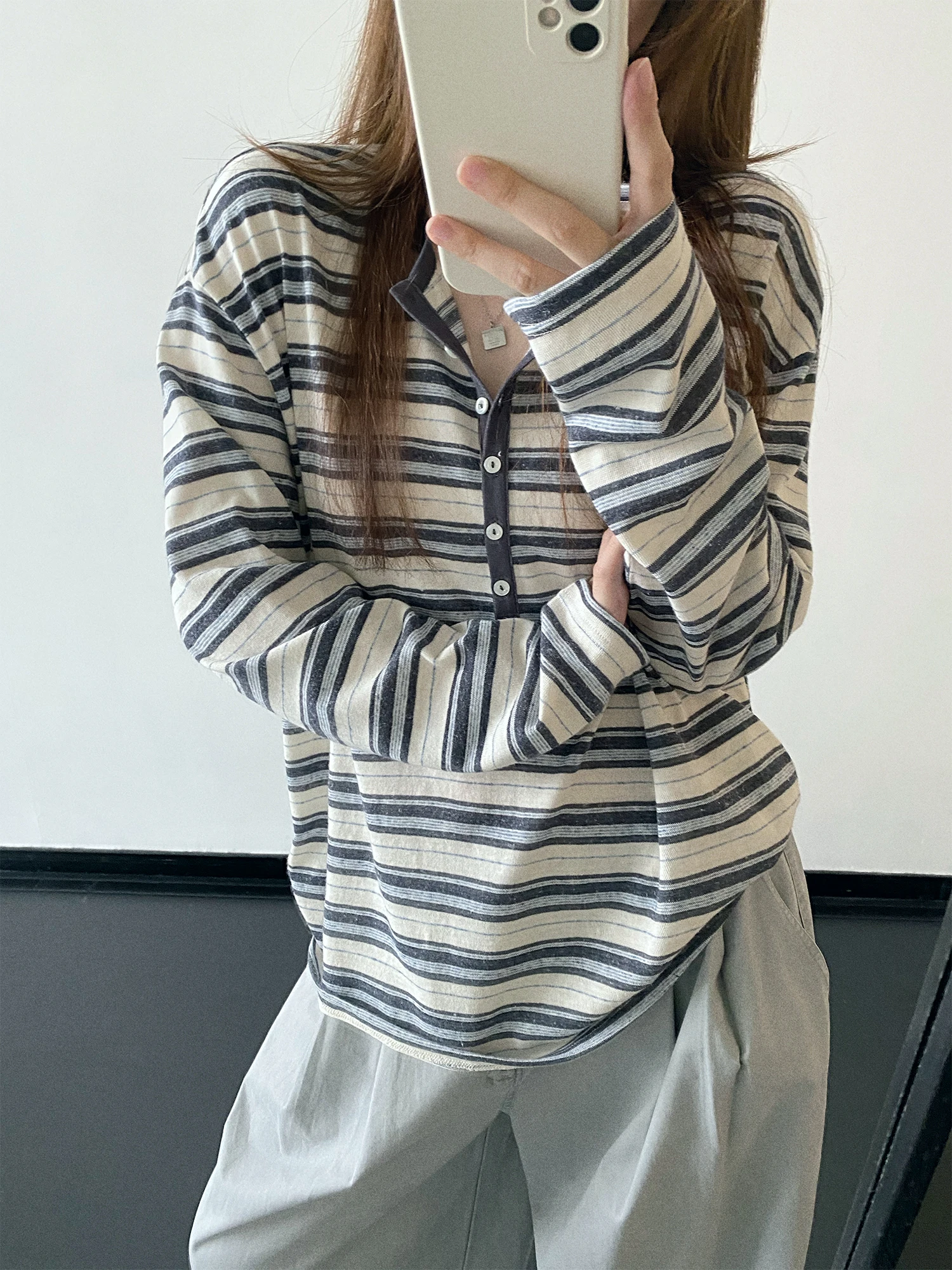 SunYeo Sea Salt Milk Short Stripe T-shirt Cotton Linen Blend Texture Henry Collar Layered Long Sleeve Women's Casual Top