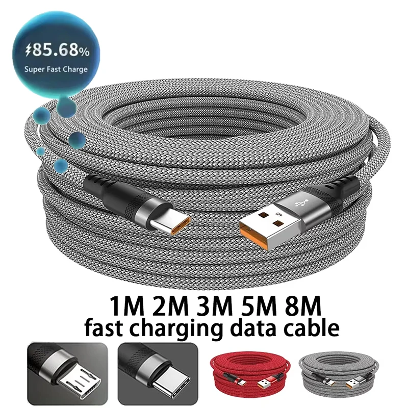 USB Type C Verlengde Kabel Snel Opladen Voor Samsung Xiaomi Huawei Realme OPPO Android Mobiele Telefoon USB Data Cord 1M/2M/3M/5M/8M - afbeelding 2