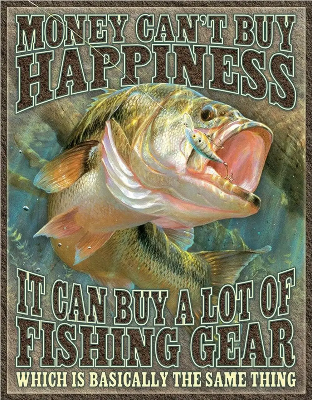 Desperate Enterprises Money Can;t Buy Happiness - Fishing Tin Sign - Nostalgic Vintage Metal Wall Decor - Made in USA
