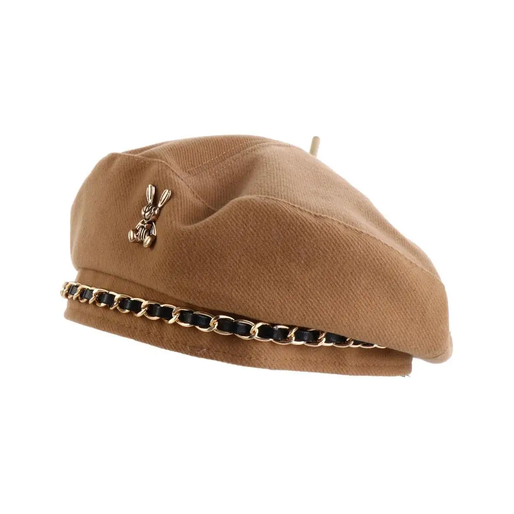 

Gift Metal Chain Girl Beanie Hat Windproof Rabbit Pattern Korean Style Hat Winter Autumn Beret Women Beret Fashion Painter Hat