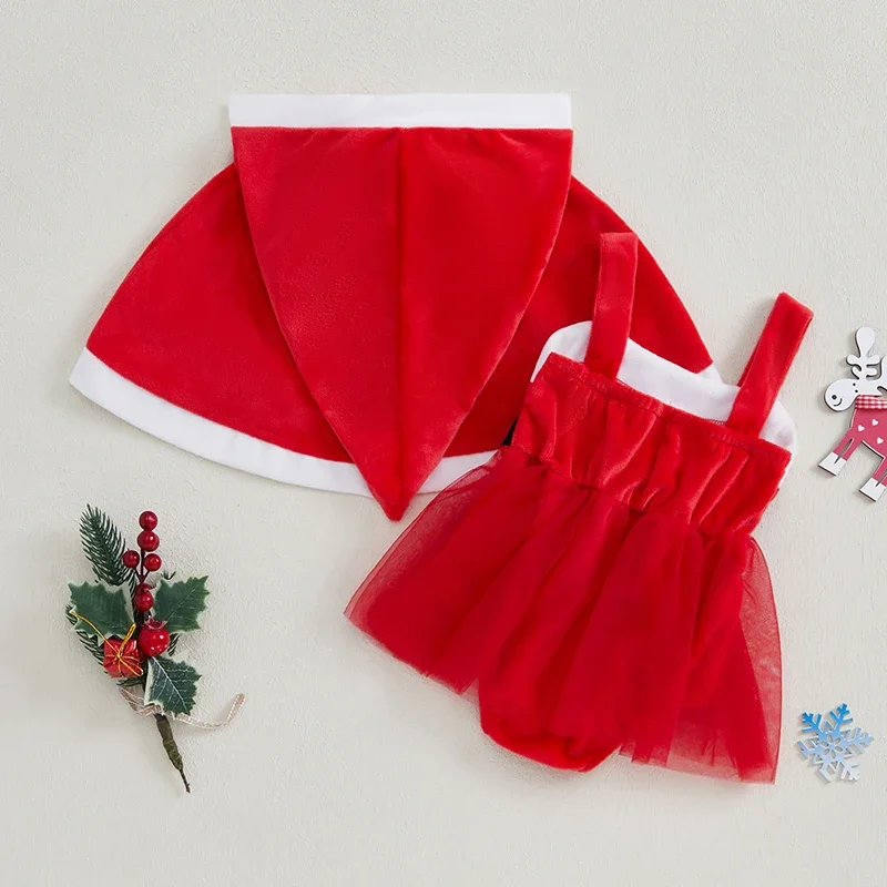 Baby Girls Christmas Santa Belt Guaze Romper Dress Hooded Cloak Xmas Outfits Newborn Clothes Set