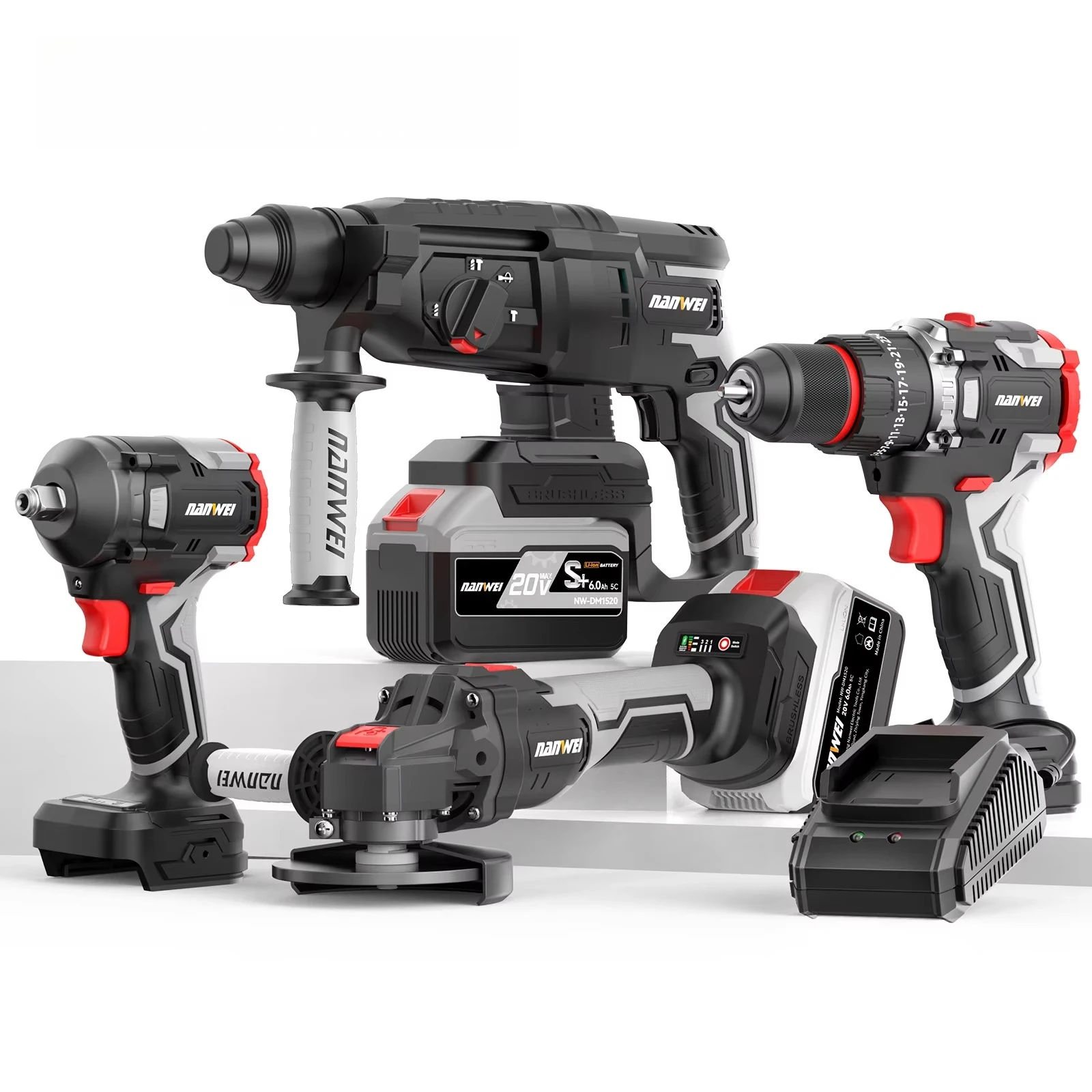 20V Lithium Battery OEM Power Tool Set Hard Case 4-in-1 Electric Hammer Drill Angle Grinder Impact Wrench Impact Drill (Metals)