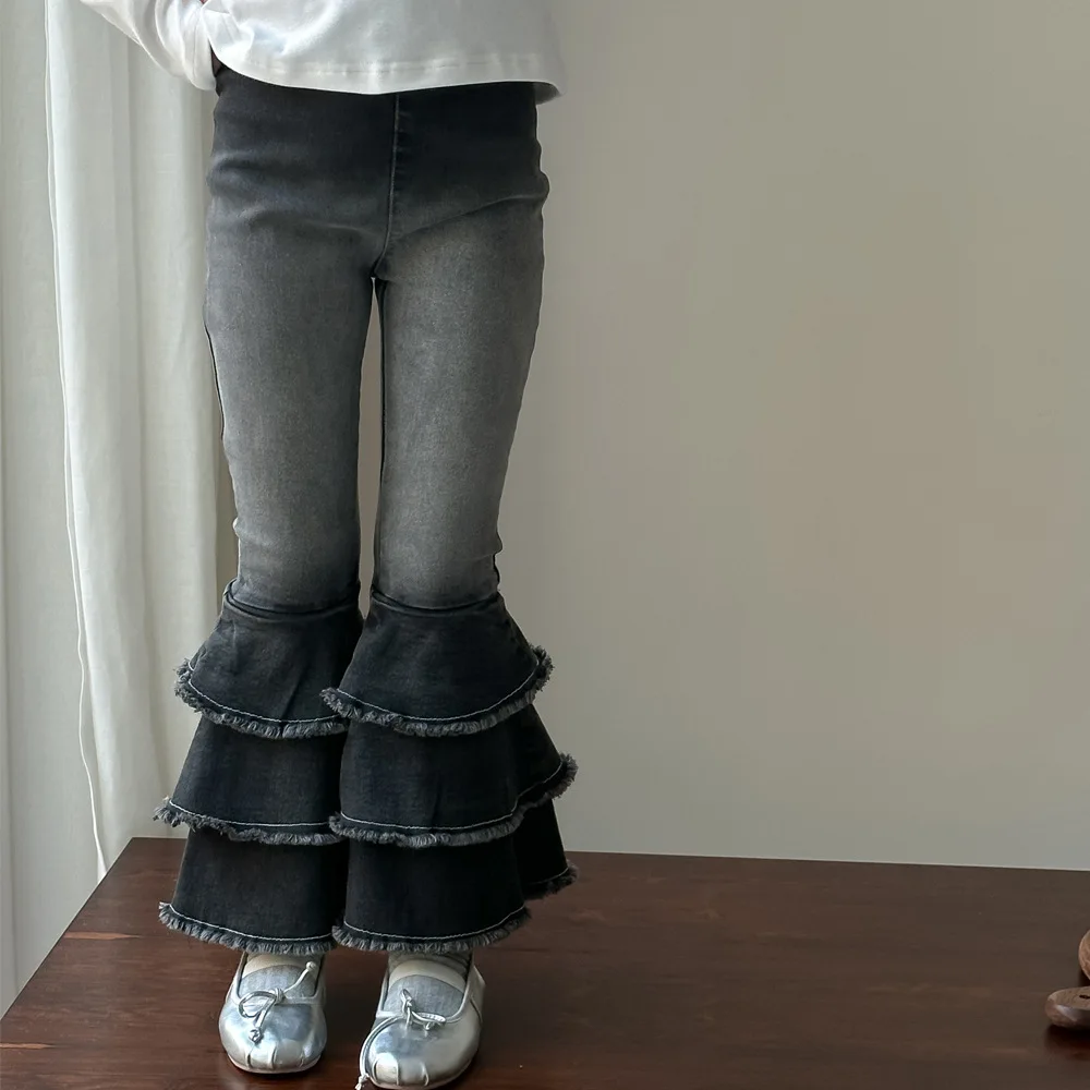 Children Clothing Fashion Solid Color Slim Bell Bottoms 2024 Autumn New Girls Fashion Casual Design Sense All Match Jeans