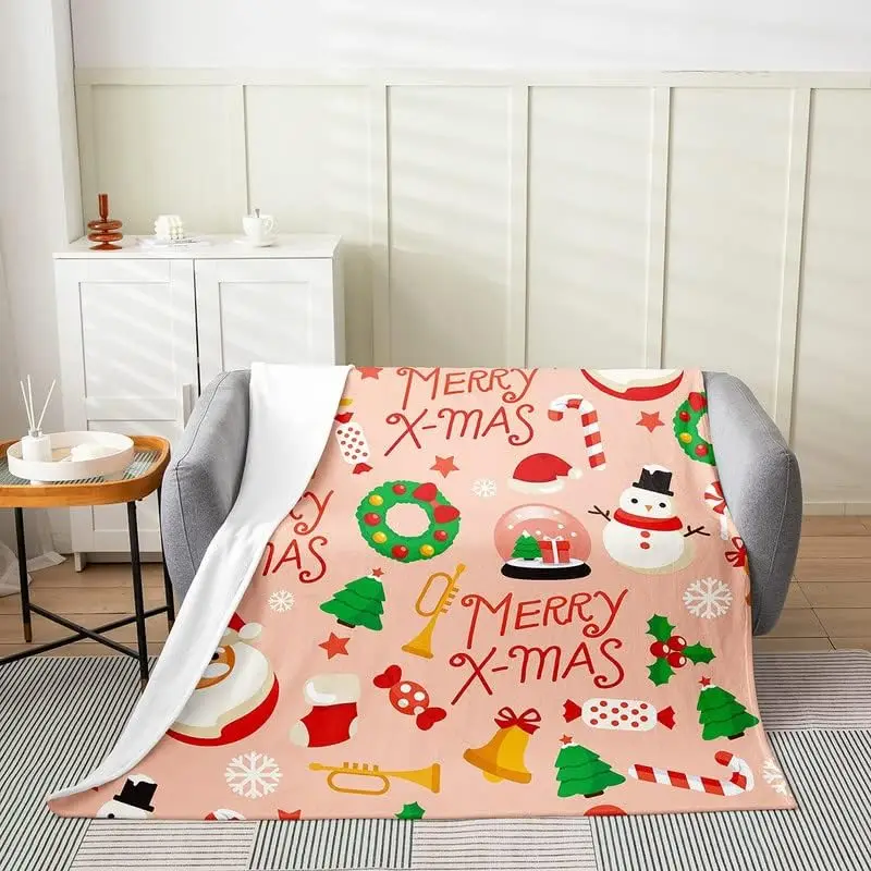 Christmas Flannel Fleece Blanket Santa Claus Print Plush Throw Blanket, Merry Christmas Pattern All Season,Bed Blanket