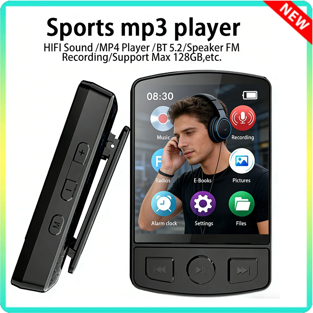MP3 Player portátil com rádio FM, Mini Walkman, Estudante, Esporte, Música, MP4 Player, Alto-falante, E-Book Recorder, Mp3, Novo