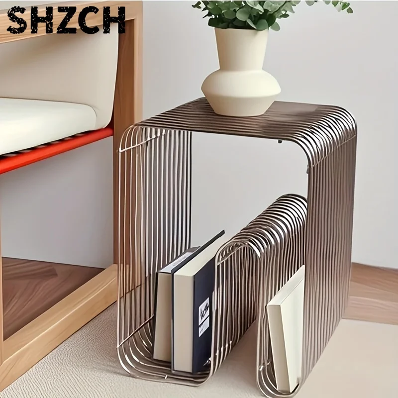 Square metal silver edge table, geometric patterned bookshelf, magazine rack, wall mounted living room storage rack