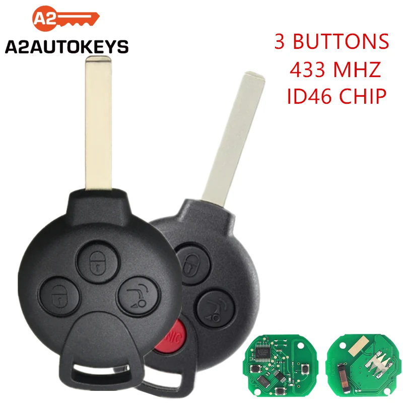 A2AUTOKEYS For Mercedes Benz Smart Fortwo 451 2005 -2015 3/4 Buttons 433MHZ 46 Chip Car AUTO Smart Remote Control Key