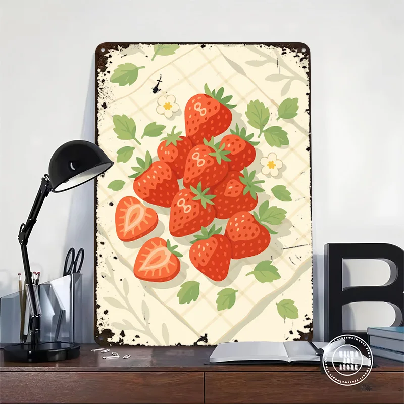 Strawberry – A Stylized Tablescape Poster Customized Vintage Metal Signs Wall Art Retro Tin Plaque for Room Decoration Cozy Home